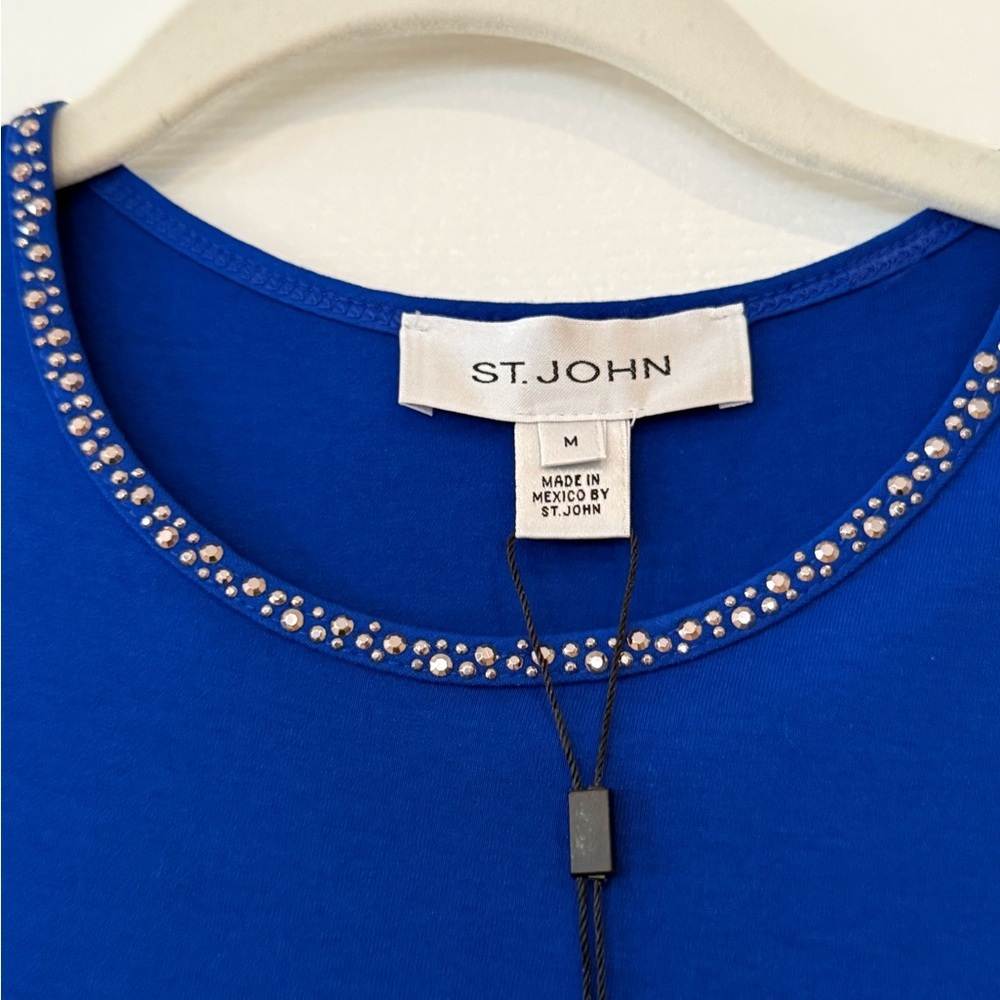 St. John Blue Embellished Short Sleeve Blouse - Picture 2 of 7